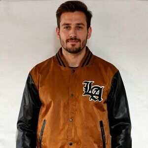 Riot Empire LA Varsity Bomber Jacket Brown Black Faux Leather Sleeves
